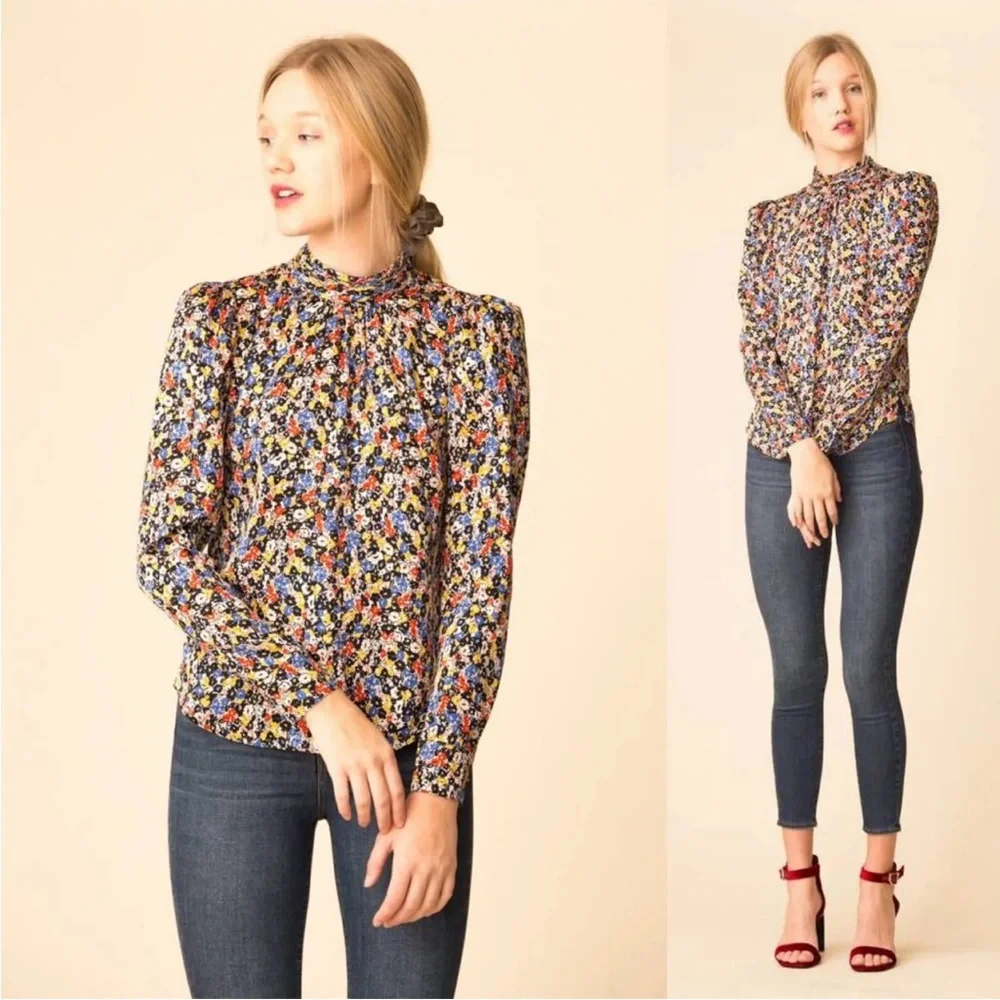 Veronica Beard mena black white red floral print neck tie silk blouse top - Picture 4 of 16